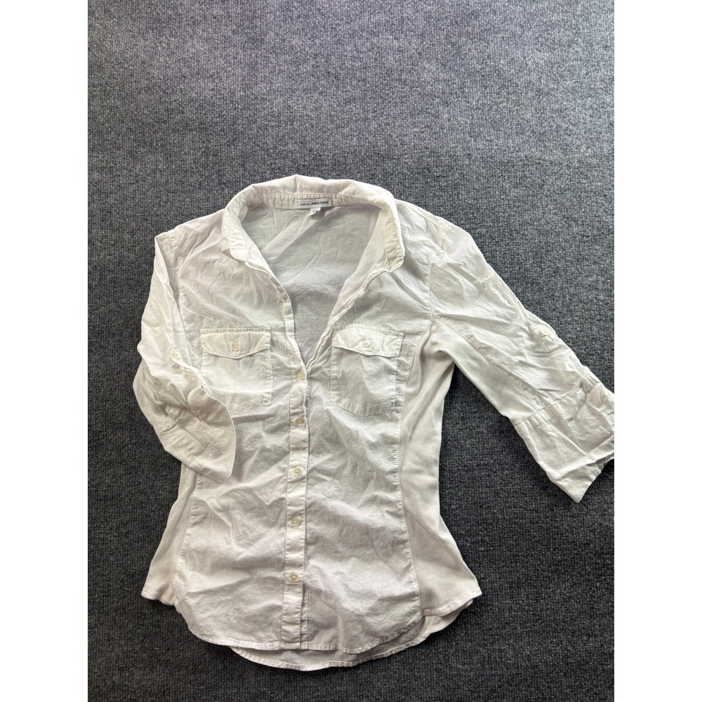 James Perse Button Down Shirt Womens 3 White Roll Tab Sleeve Ribbed Panel Cotton